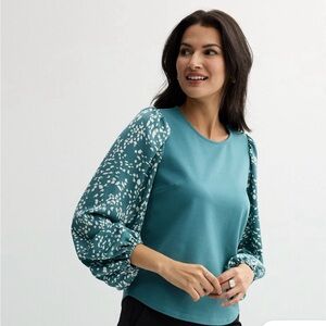 Nine West Teal Puff-Sleeve Top with Printed Sleeves